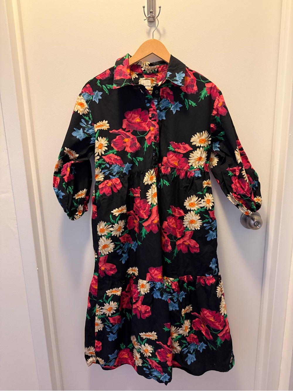 Maeve Black Floral Button-Front Shirt Dress with Red and Blue Blooms